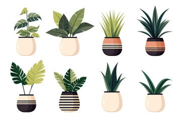 Fototapeta na wymiar Green Leafy Gardening Collection: Illustration of Cute Cacti and Houseplants in Decorative Pots, Beautifully Designed in a Flat and Modern Scandinavian Style Print, with Tropical Floral Background.