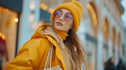Modern happy Female lifestyle fashion portrait. beautiful attractive young woman girl enjoy stylish walk with shopping bag packages on the street, trendy outfit on shopping mall, browse product