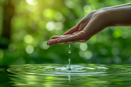 Serene Capture Of Water Droplet From A Hand Above A Pond