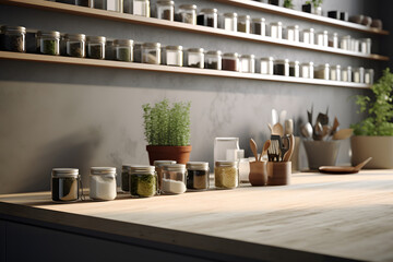 A Scandinavian space with built in wall mounted spice rack