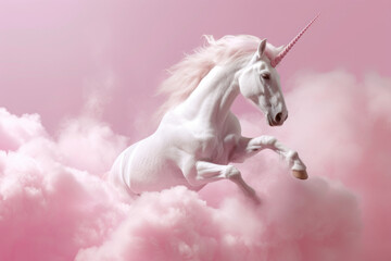 pink and white unicorn jumping through the candy cotton clouds