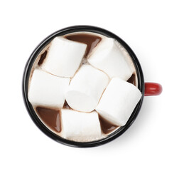 Tasty hot chocolate with marshmallows isolated on white, top view