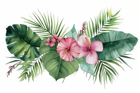 Tropical plants and flowers painted in watercolour on a white background pattern