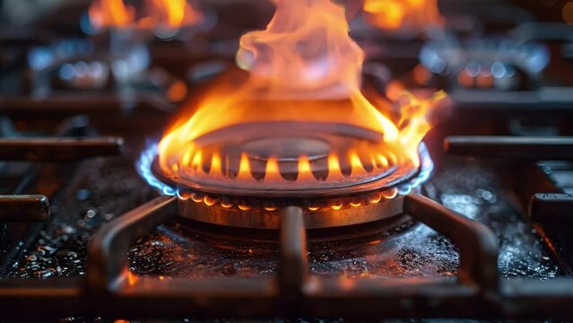 Burning kitchen gas stove fire inflaming, close-up burning burner flame. ignite gas blue fire. kitchen burner fire turning on. slow motion ignited kitchen stove fire natural gas burning flame. stove t