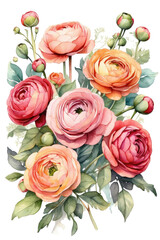 Watercolor illustration of bouquet of ranunculus flowers on white background