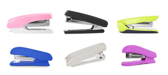 Different colorful staplers isolated on white, collection
