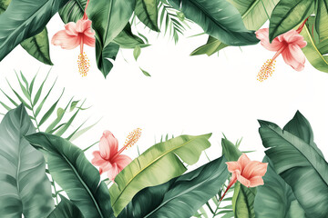 Tropical plants and flowers painted in watercolour on a white background pattern