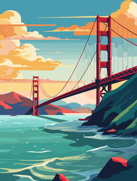 Illustration of San Francisco USA Travel Poster in Colorful Flat Digital Art Style