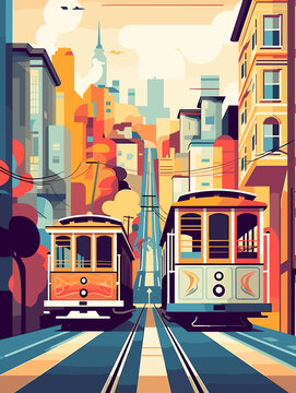 Illustration of San Francisco USA Travel Poster in Colorful Flat Digital Art Style