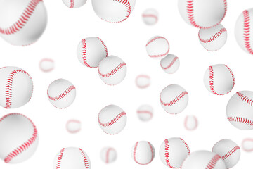 Many baseball balls falling on white background