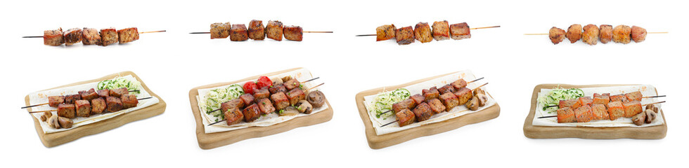 Delicious shish kebabs, vegetables and lavash isolated on white, set