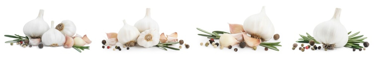 Fresh garlic, peppercorns and rosemary isolated on white, set