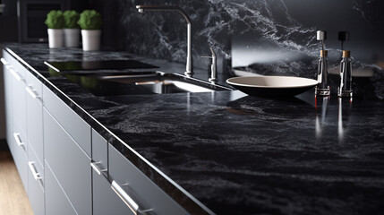 A rendering depicting a close-up view of a glossy, ebony countertop in a contemporary white kitchen.