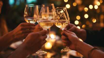 Friends Toasting with White Wine at a Cozy Evening Gathering - Celebration, Friendship, Togetherness, Enjoyment, Dinner Party, Relaxation, Lifestyle