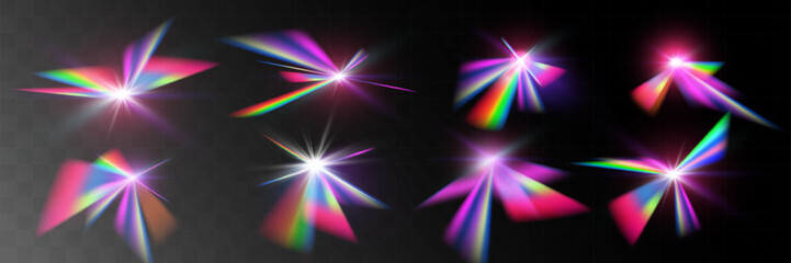 Crystal rainbow light reflection effect. Colorful clear iridescent lenses.	
