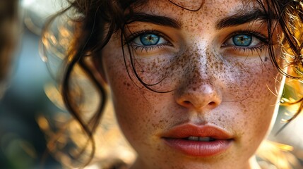 Close-up of a youthful lady's freckled visage.