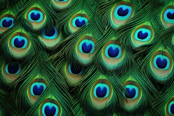 Obraz premium Peacock feather background, Abstract peacock feather, macro close up. Blue peacock feathers in closeup details, Ai generated
