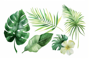 Fototapeta na wymiar Tropical plants and flowers painted in watercolour on a white background pattern