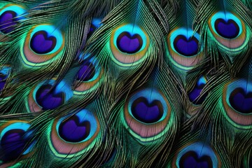 Peacock feather background, Abstract peacock feather, macro close up. Blue peacock feathers in closeup details, Ai generated