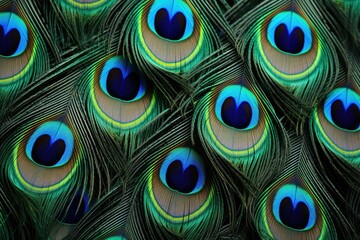 Obraz premium Peacock feather background, Abstract peacock feather, macro close up. Blue peacock feathers in closeup details, Ai generated