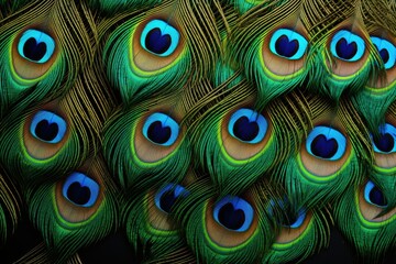 Obraz premium Peacock feather background, Abstract peacock feather, macro close up. Blue peacock feathers in closeup details, Ai generated