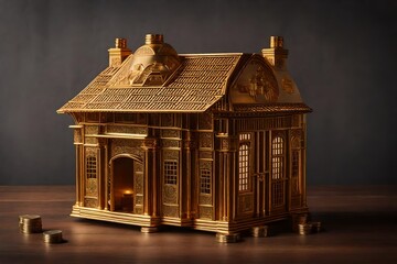 Craft a captivating AI-generated featuring a Money Box in the shape of a house, perfectly lit to showcase its intricate details.

