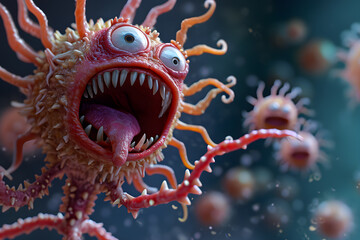 Fototapeta na wymiar 3d cell Angry coronavirus cartoon character. Virus monster with evil look