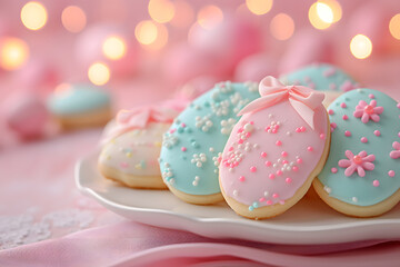 Colorful cookies in plate on table.