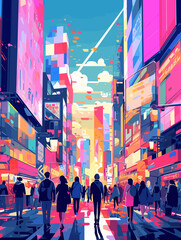 Illustration of Tokyo Japan Travel Poster in Colorful Flat Digital Art Style - obrazy, fototapety, plakaty