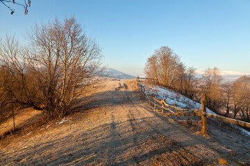Bare trees on the pasture with melting snow and withered grass, wood fence,  snowcapped mountains on the horizon. Ukraine, Carpathians.
