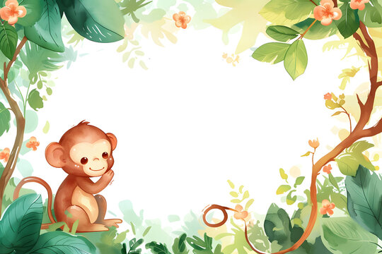 Cute cartoon monkey frame border on background in watercolor style.