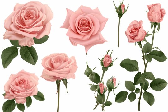 Set of decorative pink roses with buds and leaves.Vintage flowers colletion. Vector illustration