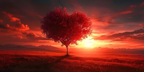  A romantic sunset setting with a crimson landscape and a tree symbolizing adoration for the outdoors. © ckybe