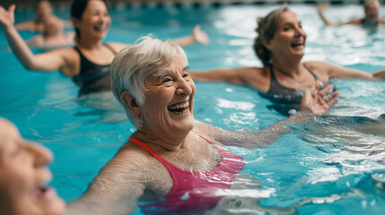 Joyful Senior Women Enjoying Water Aerobics Class in Swimming Pool - Active Lifestyle, Fitness, Wellbeing, Happiness, Aquatic Exercise, Health, Community, Recreation