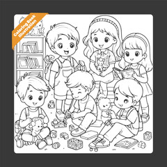 Vector cute coloring book illustration of kids playing  together