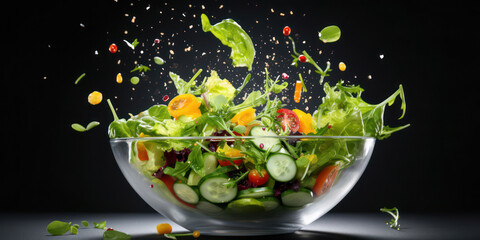 Fresh and Healthy Green Salad: A Delicious Vegetarian Dish with Lettuce, Tomato, Cucumber, Onion, and Arugula, served in a Colorful Bowl on a Background of Organic Ingredients.