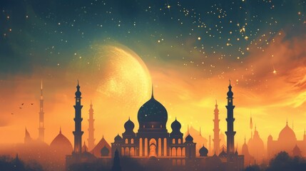Illustration of beautiful architectural design of Ramadan concept of innovative Muslim mosque with beautiful sky