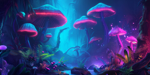 Mushroom jungle with neon glow - obrazy, fototapety, plakaty