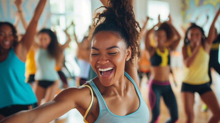  Energetic Dance Fitness Class with Laughing Young Women - Group Exercise, Joy, Happiness, Healthy Lifestyle, Cardio Workout, Diversity, Friendship, Fun