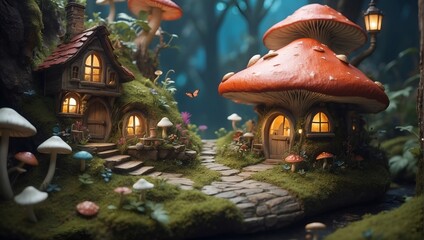 fairy village, with mushroom homes, tiny houses, and vibrant little flowers in macro detail
