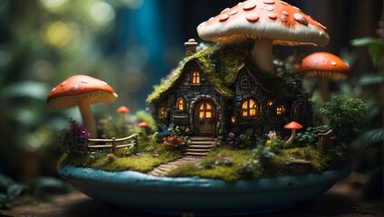 miniature fairy village with tiny house under giant mushroom and mossy roof