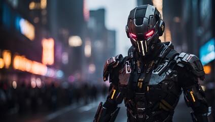 Naklejka premium futuristic humanoid soldier robot in the middle of cyberpunk city