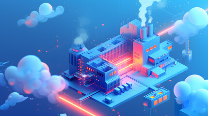 Isometric set representing factory building with pipes, truck, goods coming from conveyor - obrazy, fototapety, plakaty