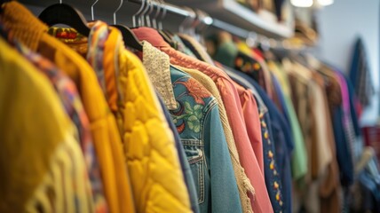 Obraz premium Vintage Fashion Finds collection of second-hand clothes showcasing 80s and 90s styles in a thrift store hung and displayed