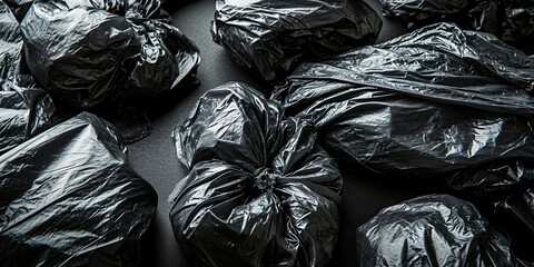 Polythene wrappings for a layered appearance...Image of assorted polythene packages on a dark surface. Polyethylene coverings for a stacked look.