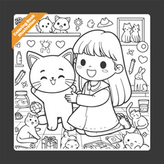 Vector cute coloring book illustration of kids playing  with cat