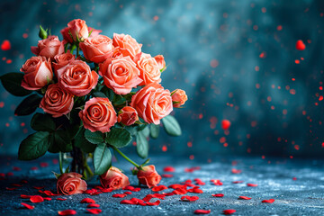 Whispers of Romance: Luxurious Coral Roses Bouquet on Teal Bokeh - Dewy Petals & Red Accents for Valentine's Day Elegance - Ai Generated