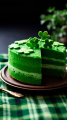 Illuminated with soft lights, the green clover patterned cake is ready to be served on the holiday table, hinting with its lush color and design at the St. Patrick's Day theme. Irish holiday and party