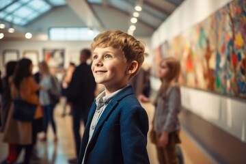 A young artist is showing his latest works in the gallery, and the audience is enjoying his works of art,