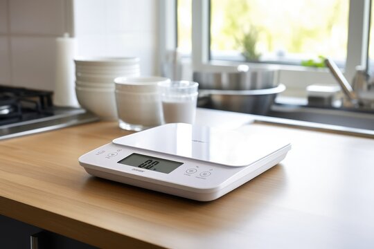 A weighing scale sits on a clean, white countertop, ready to measure and provide accurate weight readings for various objects,